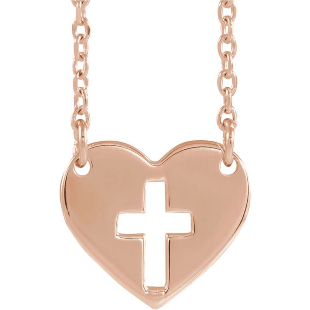 14k Rose Gold 10mm Pierced Cross Heart Necklace, 16-18 Inch